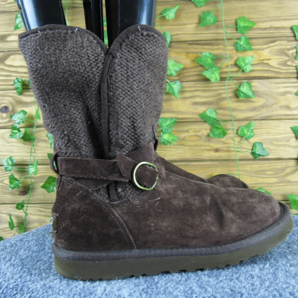 UGG Australia Nyla Women Brown Suede Knit Mid-Calf Boots Size 7‎ Shearling Lined